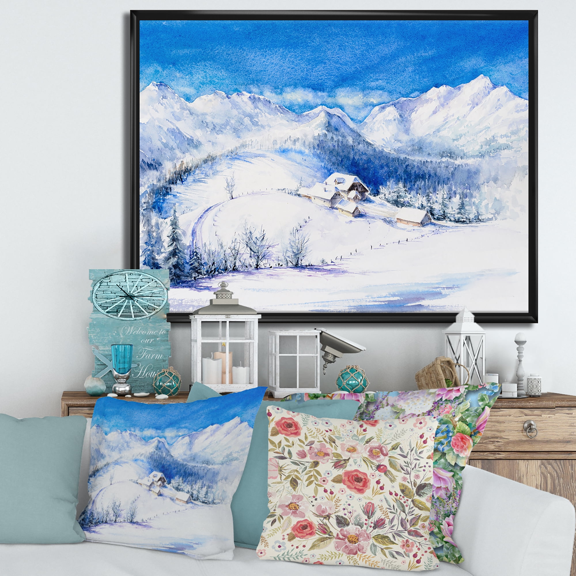 Designart 'Wooden House With Winter Mountain Landscape' Traditional Framed Canvas Wall Art Print