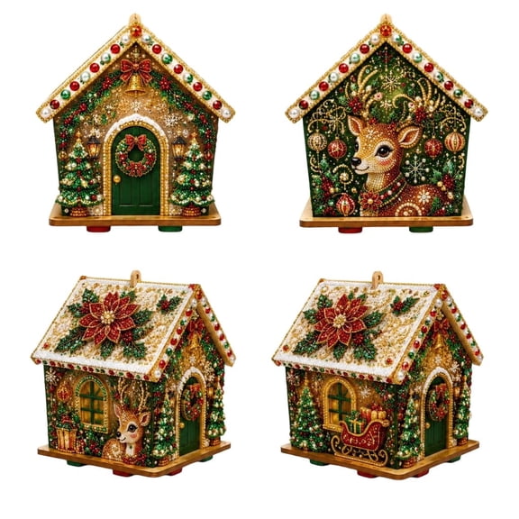 DIY Pearl Art Christmas House Kit, 3D Wooden Rhinestone Diamond Art Set, Beginner‑Friendly Craft for Holiday Lovers