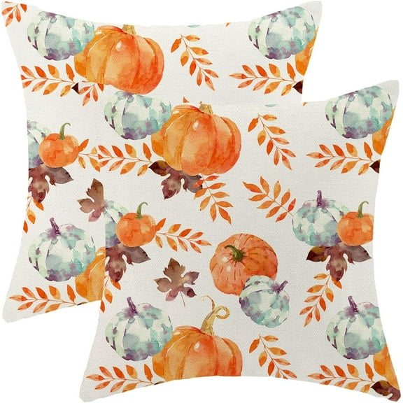Fall Pillow Covers 18X18 Inch Set of 2 Fall Throw Pillow Covers Watercolor Pumpkin Autumn Cushion Case Outdoor Thanksgiving Decorative Pillows for Couch Home Sofa Living Room