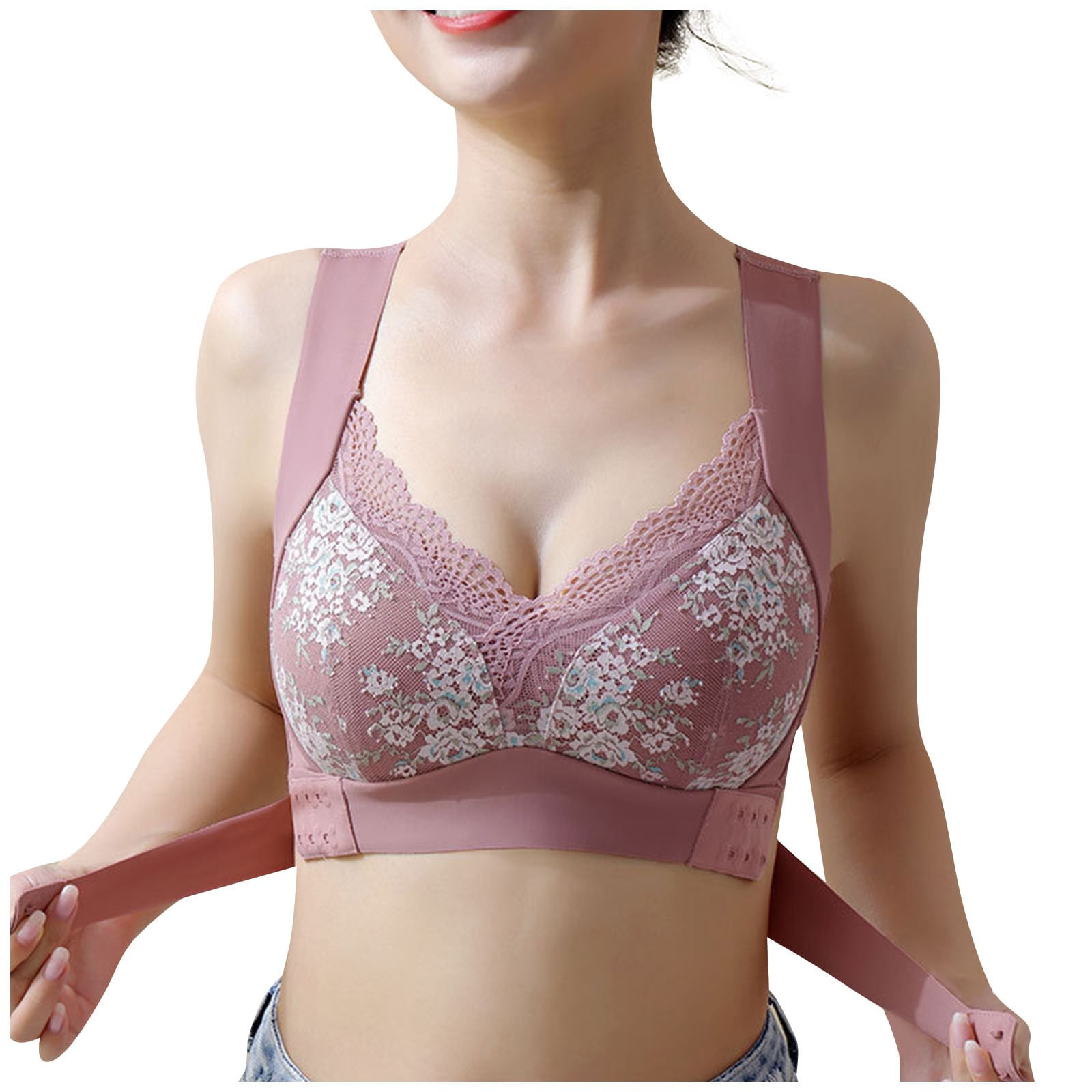 Exclare Women's Front Closure Full Coverage Wirefree Posture Back Everyday  Bra(38DD, Beige) 