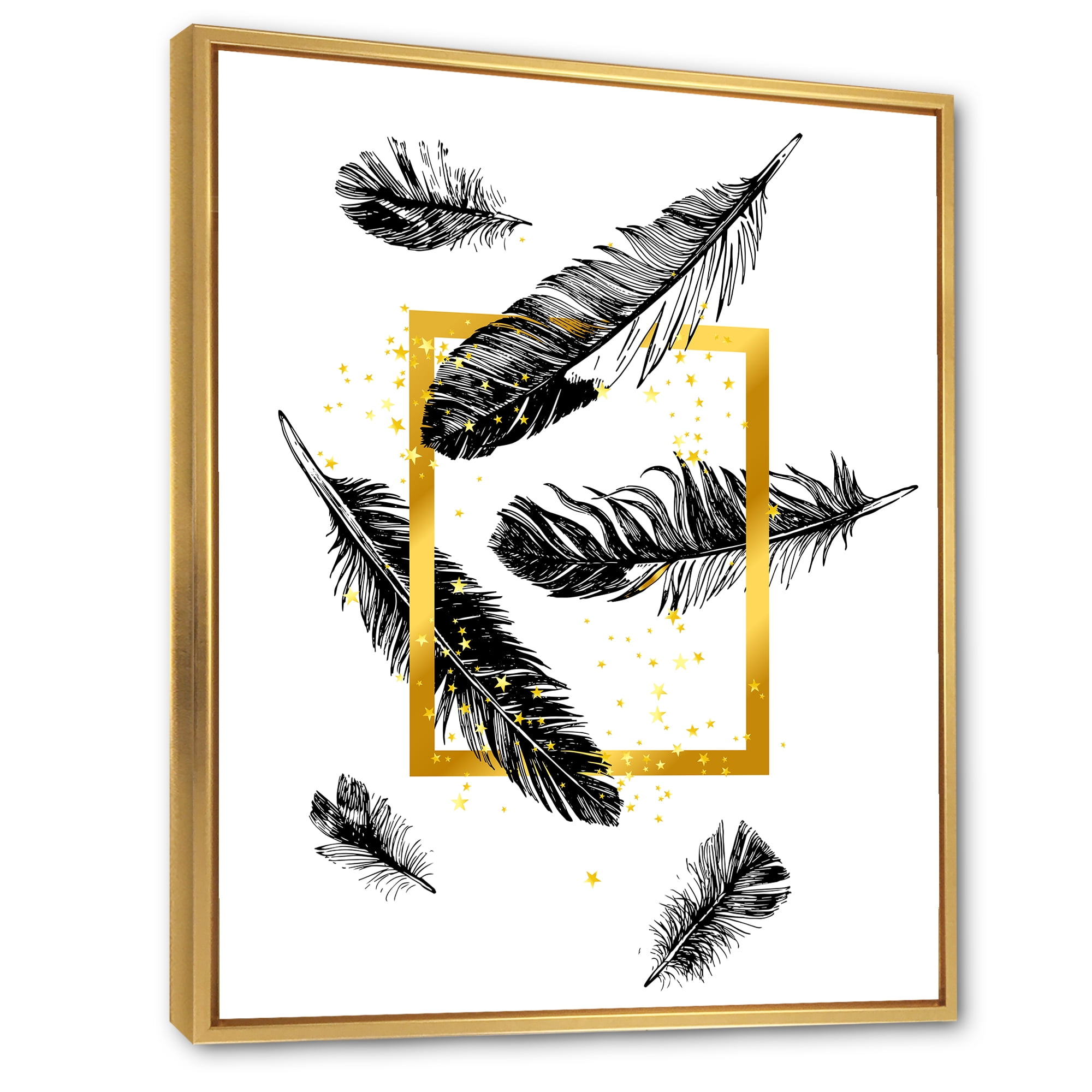 Feathers and Golden Frame 12 in x 20 in Framed Painting Canvas Art Print, by Designart