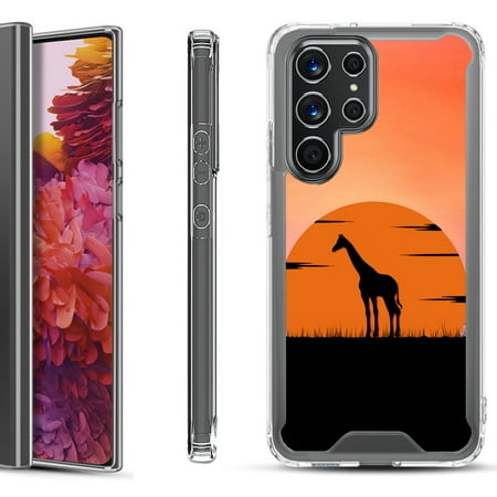 Shockproof Bumper Phone Case for Samsung Galaxy S22 Ultra 5G by OneToughShield ® - Sunset Giraffe