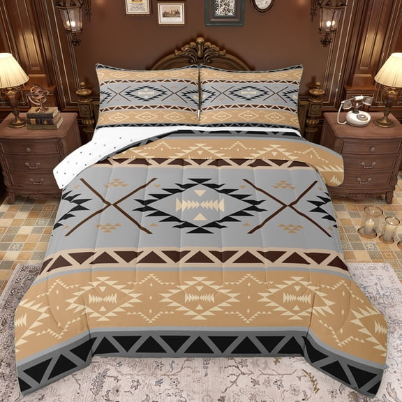 Manfei Tribal Aztec Adult Bedding Comforter Set, Wheat Grey Triangle Twin Comforter Sets, Vintage Western Bohemian Reversible Bedding Set, Breathable Home Decor, 2-Piece