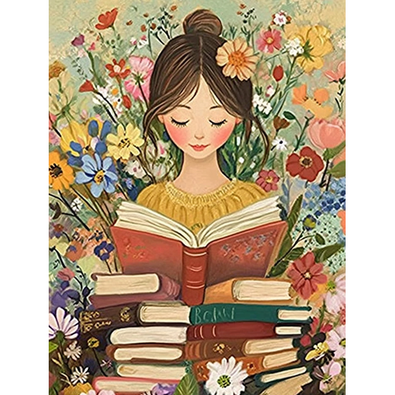 Girl Reading Books Flower Canvas Painting, Suitable for Living Room, Bedroom, Study, Office, and Library Decoration.