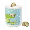 thumbnail image 3 of Cartoon Piggy Bank, Sleeping Prince Frog in a Cap Polka Dots Background Animal World Design, Ceramic Coin Bank Money Box for Cash Saving, 3.6" X 3.2", Green Blue, by Ambesonne, 3 of 4