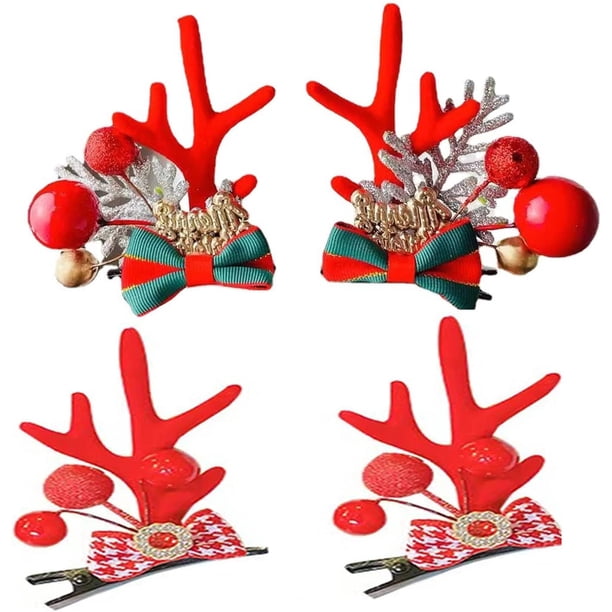 Pinzas de cocodrilo para el pelo de Navidad, 2 pares de pinzas de pelo de reno navideño, árbol de Navidad, cono de pino, cuernos de alce lindos cono de pino, horquilla de Navidad, cuernos de ciervo,