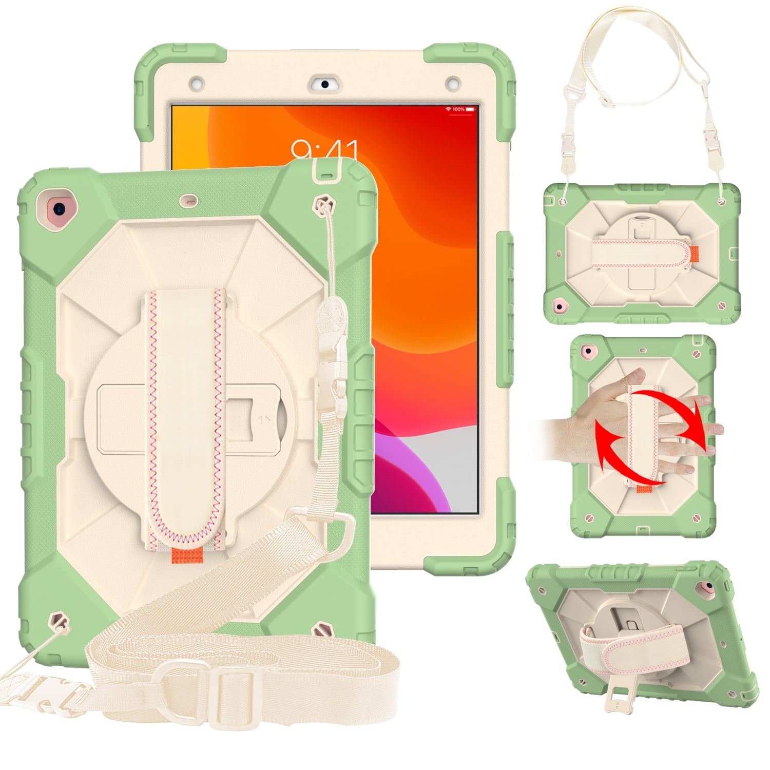 Case for iPad 9.7-inch 2018/2017, iPad Air 2 Case, iPad Pro 9.7 Cover, Kids Shockproof Rugged Hybrid 360 Rotating Stand Cover with Hand Shoulder Strap/Pencil Holder