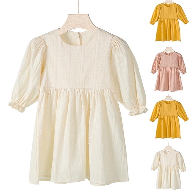 NJDVHB Économies d'Automne Hiver! Robe Princesse pour Fille, Robe de Fête pour Filles, Robe à Manches Longues Col Rond Élégante Décontractée à Manches Lanterne, Beige, 90