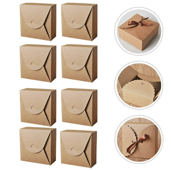 HEMOTON 10Pcs Brown Kraft Paper Cake Packaging Gift Boxes with Ribbons for Weddings and Celebrations 18X18X8CM
