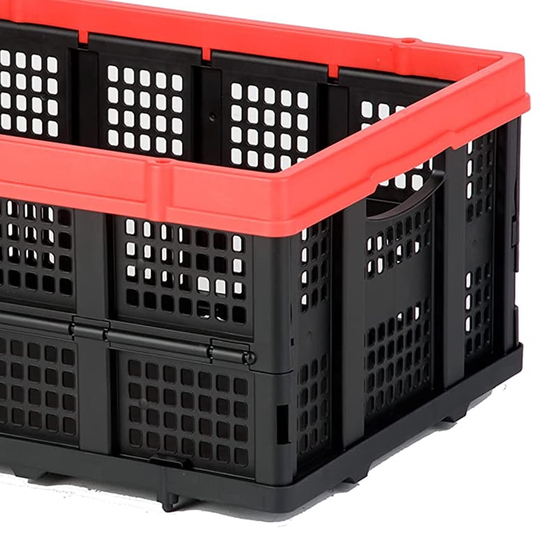 Magna Cart 63L Collapsible Storage Crate - Stackable Plastic Bin Holds 55lbs, Black/Red