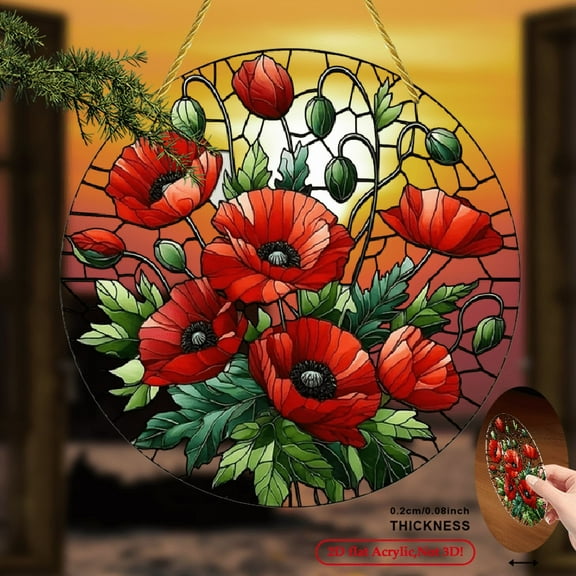 1pc 2D Flat Printing Poppy Flower Hanging Decoration - 8-Inch Acrylic Sun Catcher with Vibrant Red Poppies Green Leaves, Stained Glass-Inspired Art Deco Design for Windows, Garden, Porch.