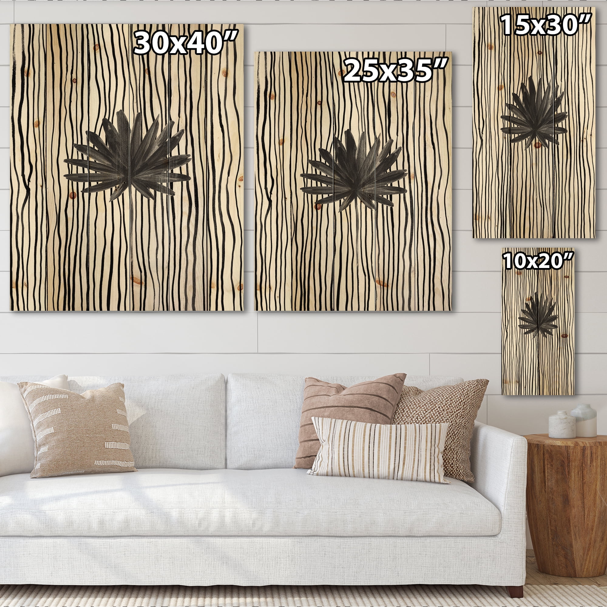 Designart 'Black and White Striped Under Tropical Leaf III' Modern Print on Natural Pine Wood