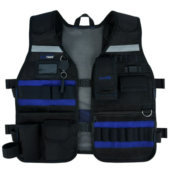MELOTOUGH Gilet à Outils pour Hommes Gilet de Sécurité Réfléchissant avec Support de Téléphone Amovible, Porte-Stylo Rétractable pour Électricien, Construction, Crayons (Bleu)