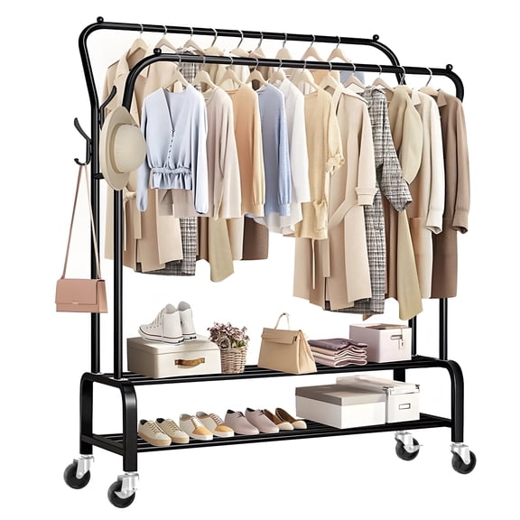 UNTIMATY Heavy Duty Clothes Rack for Hanging Clothes, Metal Rolling Garment Clothing Racks with Wheels Double-Rod 8 Hangers 2 Shoe Shelves, Black