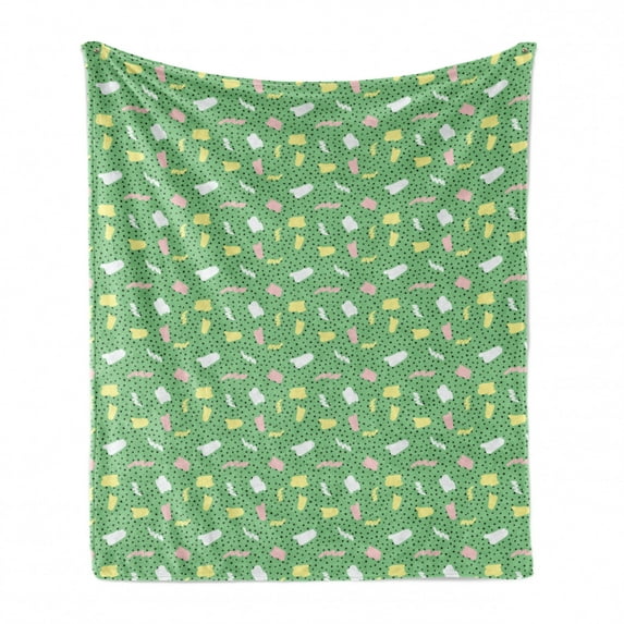Abstract Soft Flannel Fleece Throw Blanket, Hand Drawn Brushstroke Paints Polka Dots Children Cheerful Kids, Cozy Plush for Indoor and Outdoor Use, 70" x 90", Sea Green Pale Pink, by Ambesonne