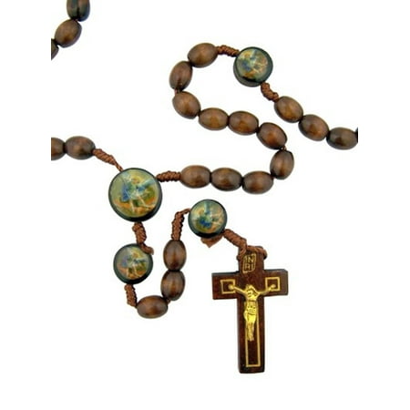 Saint Michael Archangel - Saint Michael the Archangel Wood Bead Rosary Necklace with Holy Prayer Card, 19 Inch