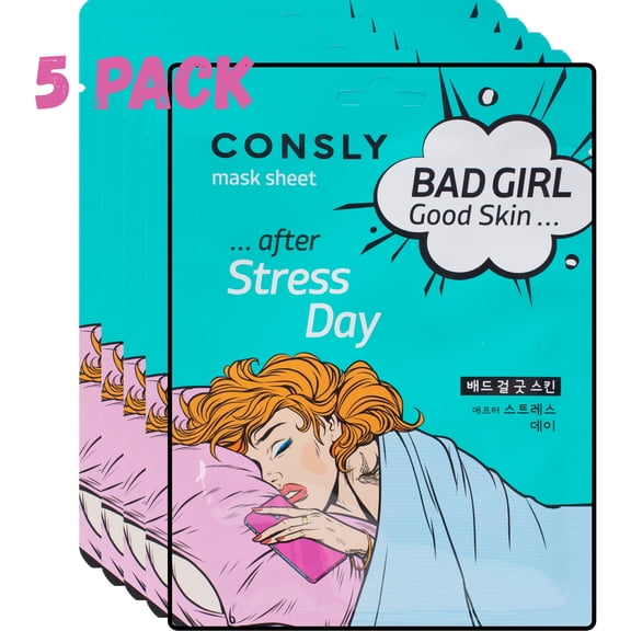CONSLY BAD GIRL After Stress Day K-Beauty Korean Sheet Mask, Soothing, 5 Pack, 23 ml Each