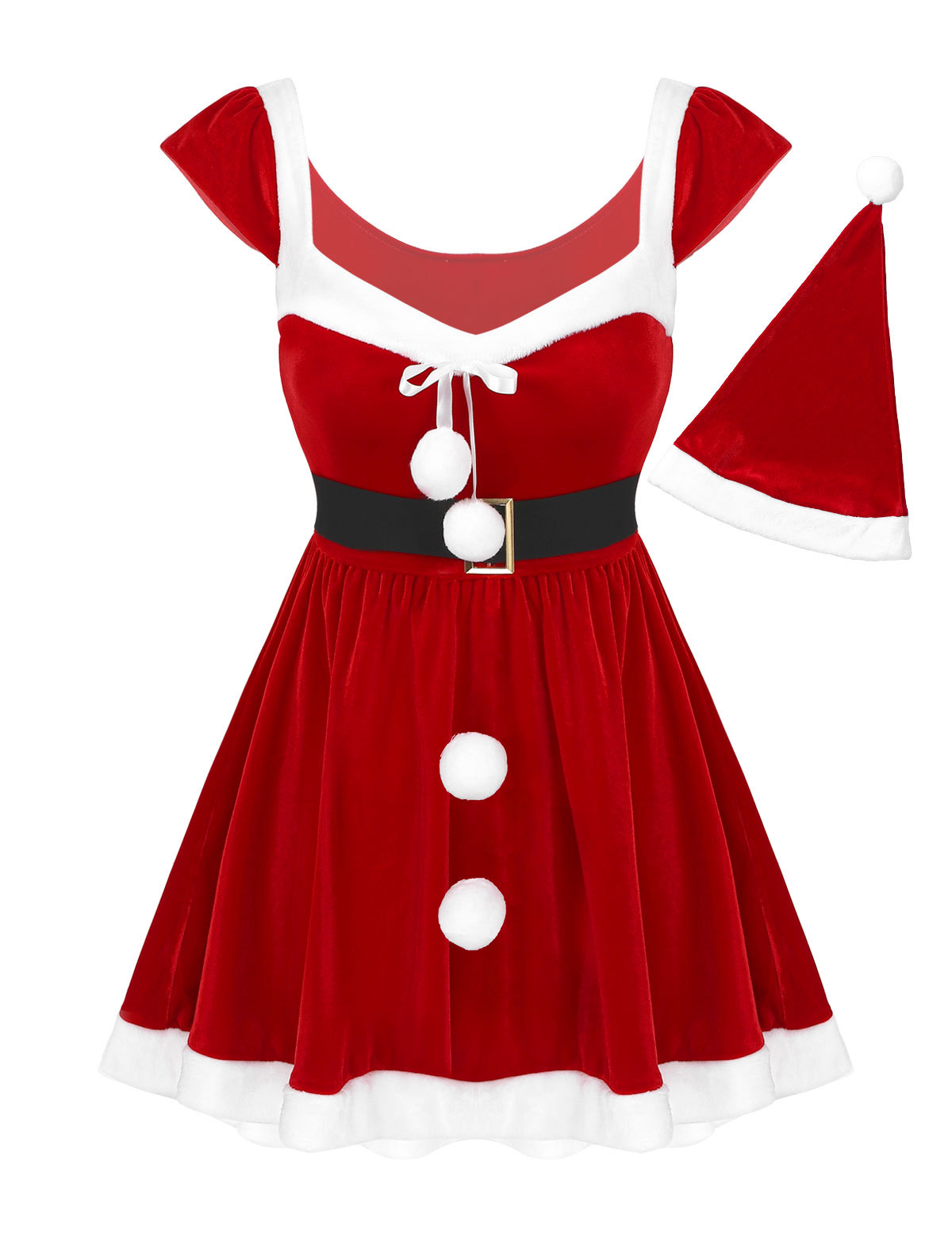 ZDHoor Women Mrs. Claus Santa Christmas Costumes Dress Outfits with Hat Sleeveless Skirt Party Dress Red-A L