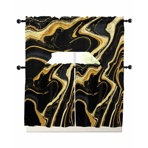 Black Gold Marble Kitchen Curtains Sets 36 Inch Length with Valance, Modern Geometric Textured Swag Valances and Tiers Curtain Set Drapes Swag Curtains for Living Room, Bathroom, Bedroom, Cafe