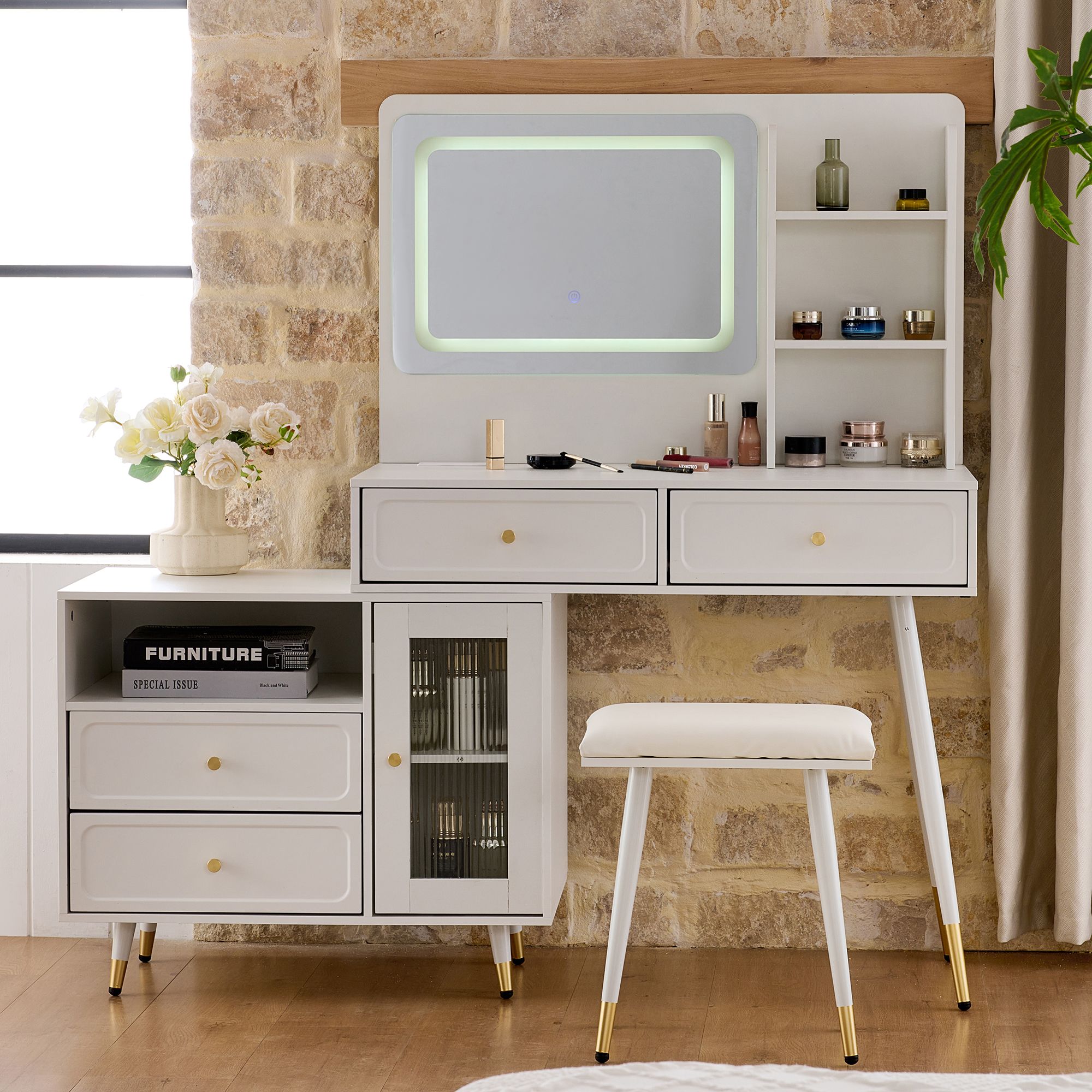 Modern Makeup Vanity Desk with Mirror and Lights, Retractable Dressing Table with Drawers and Cabinet, Compact Makeup Table Set with Power Outlet for Bedroom, White