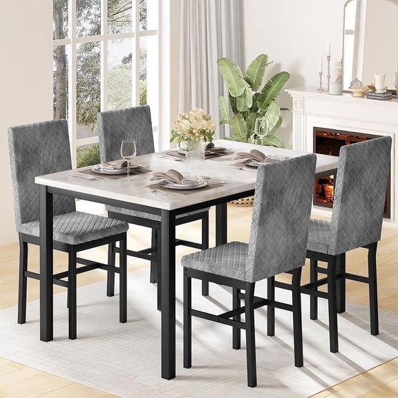 Cvortll 5-Piece Dining Table Set for 4, Modern Faux Marble Kitchen Table and Chairs Set with 4 Upholstered Velvet Chairs, Space-Saving Dining Room Table Set for Small Spaces, Beige & Gray