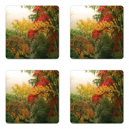 

Garden Coaster Set of 4 Maple Trees in the Fall at Portland Japanese Garden Foggy Morning Scenery Square Hardboard Gloss Coasters Standard Size Red Yellow Green by Ambesonne