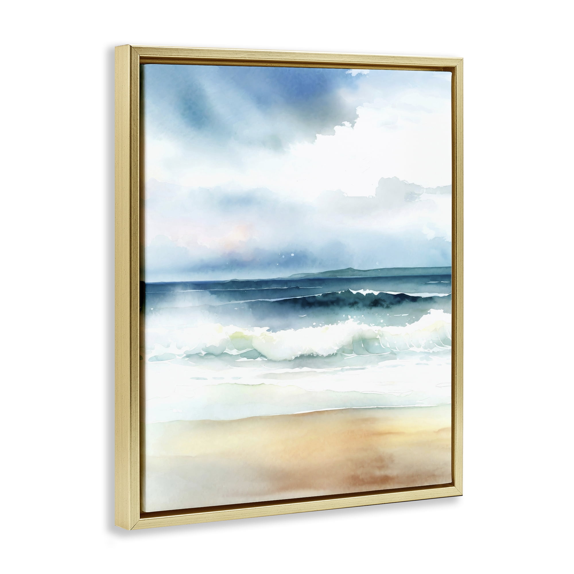 Stupell Industries Rolling Seaside Waves Coastal Painting Gold Floater Framed Canvas Art Print Wall Art, 25 x 31