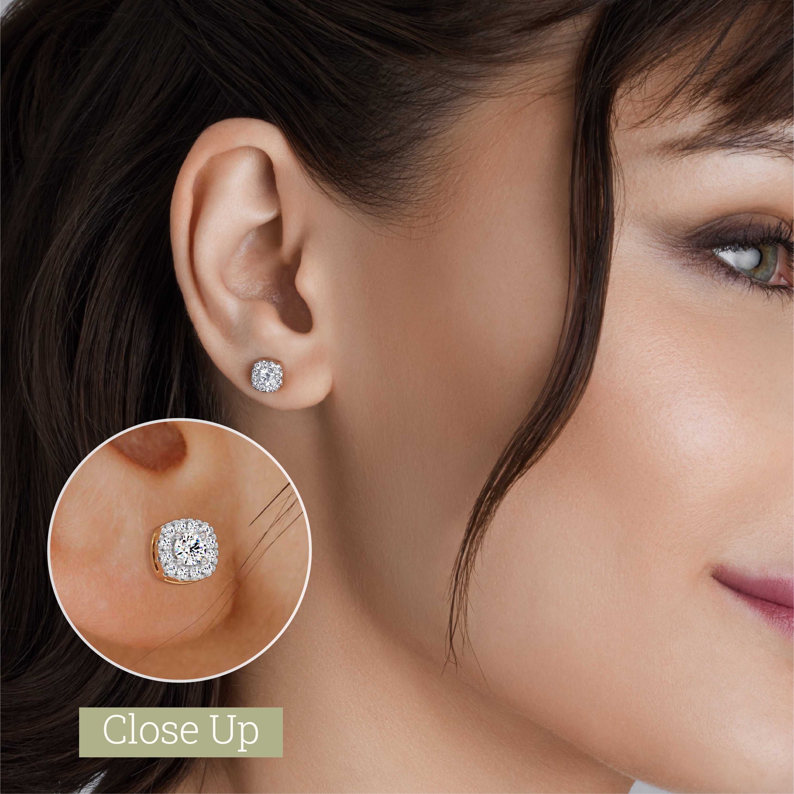 Gilded 1/2 Carat Total Weight Lab-Grown Diamond 14KT Yellow Gold Plated Silver Stud Earrings for Women, Cushion Halo Studs Hypoallergenic Fine Jewelry, Prong Setting Push Back Nut SI1 Clarity F Color
