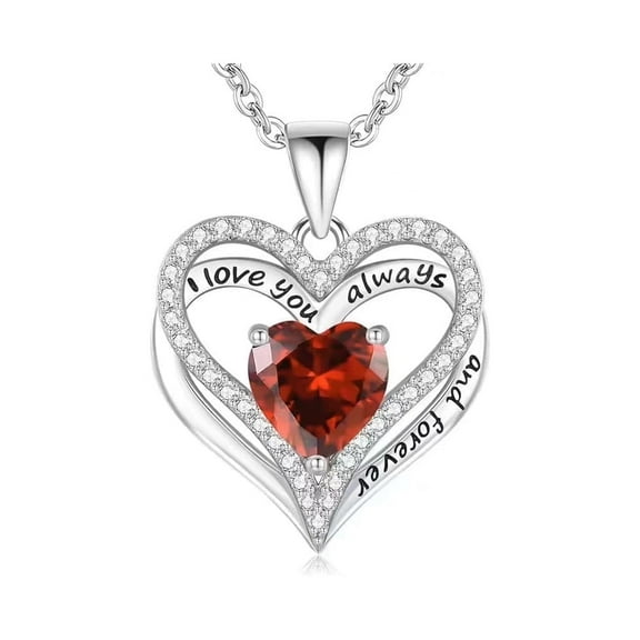 FARONZE Heart Red Zircon Necklace for Woman, 925 Sterling Silver, I Love You Always and Forever, Anniversary Gift