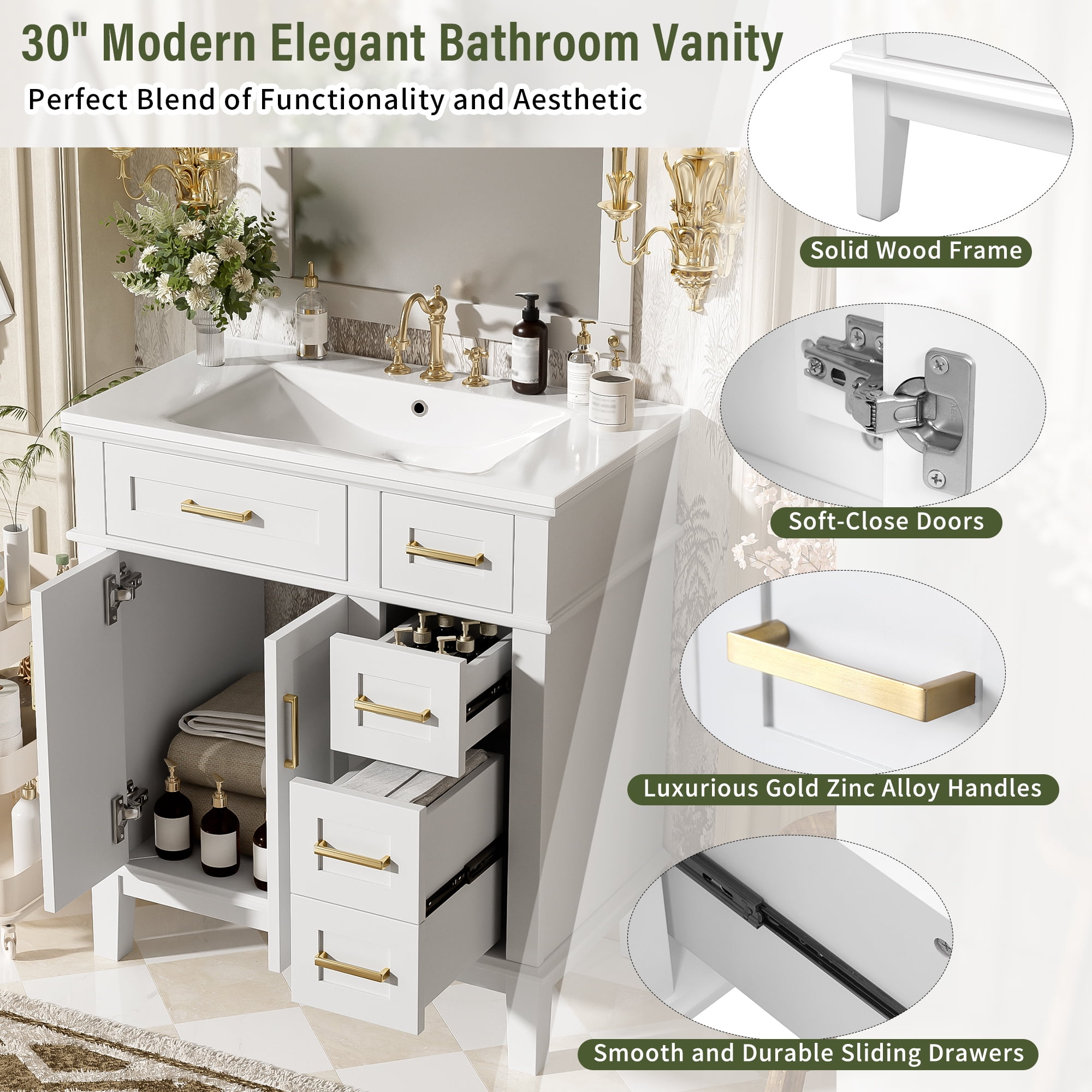 Euroco 30" Bathroom Vanity with Ceramic Sink, Deep & Standard Drawers, Stylish Bath Vanity for Small Bathrooms