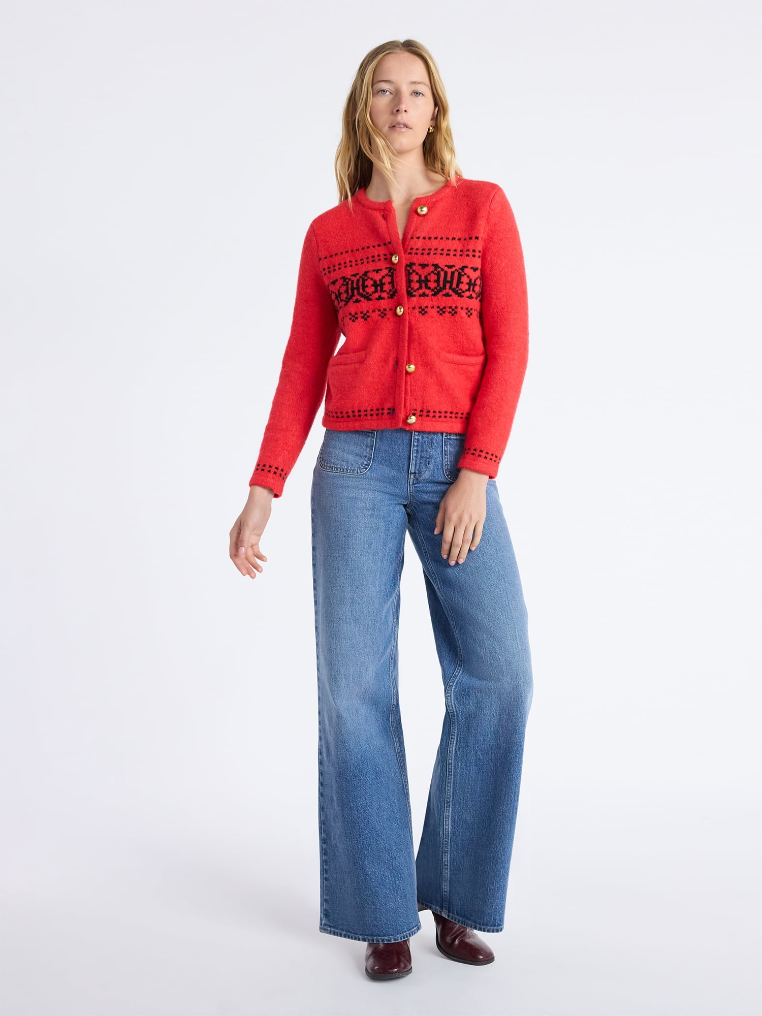 Free Assembly Women's and Women's Plus Fair Isle Cardigan with Welt Pockets, Midweight, Sizes XS-4X
