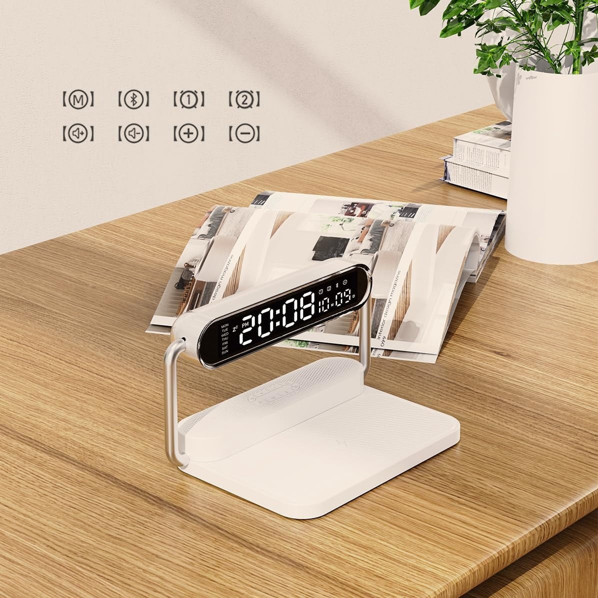 4-in-1 Smart Digital Alarm Clock – 15W fast wireless charger, LED display with auto DST & brightness adjustment, USB port, volume control. Ideal for bedroom, desk, nightstand