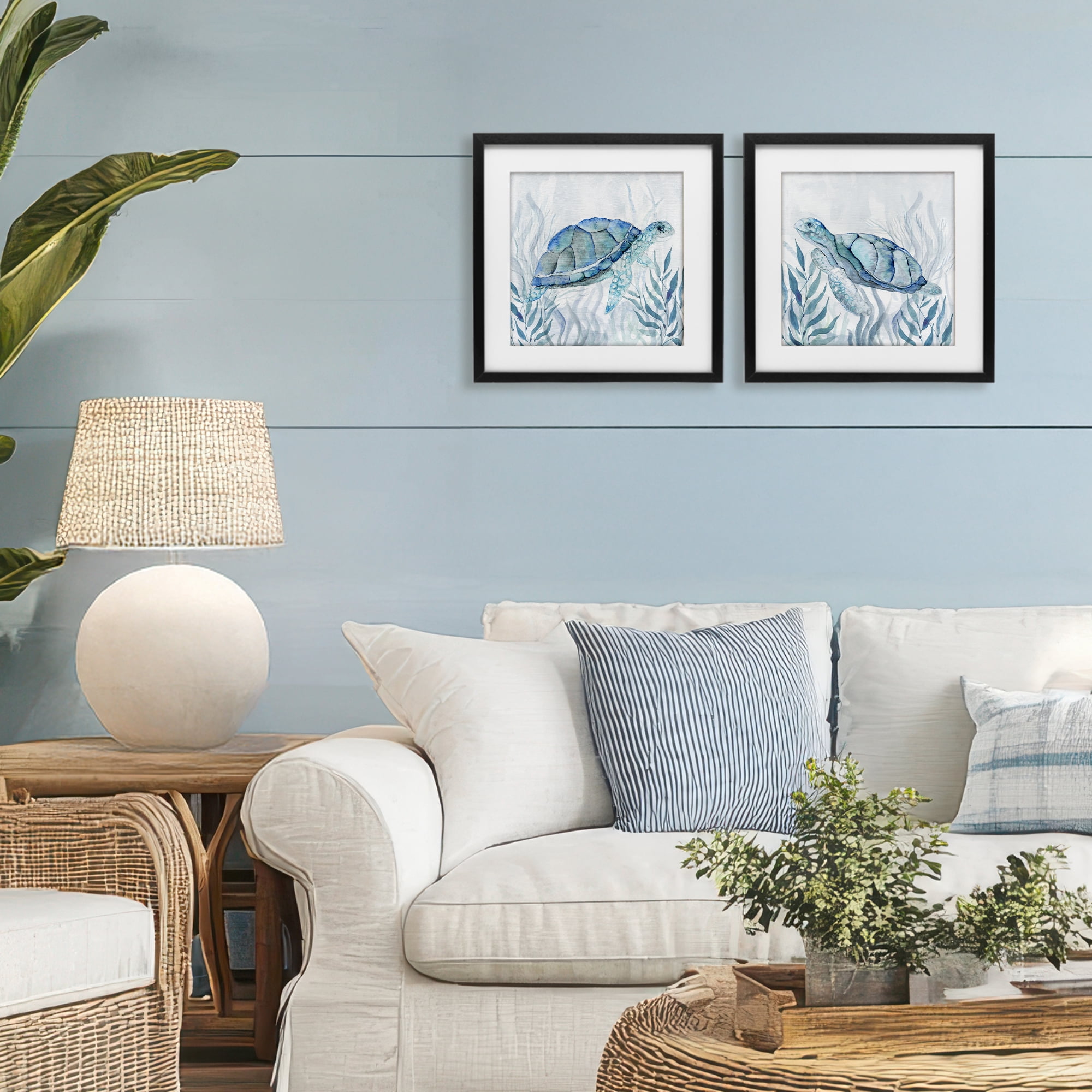 Stupell Industries Subtle Smiling Sea Turtles 2 Piece Black Framed Print Under Glass Set, design by Janet Tava