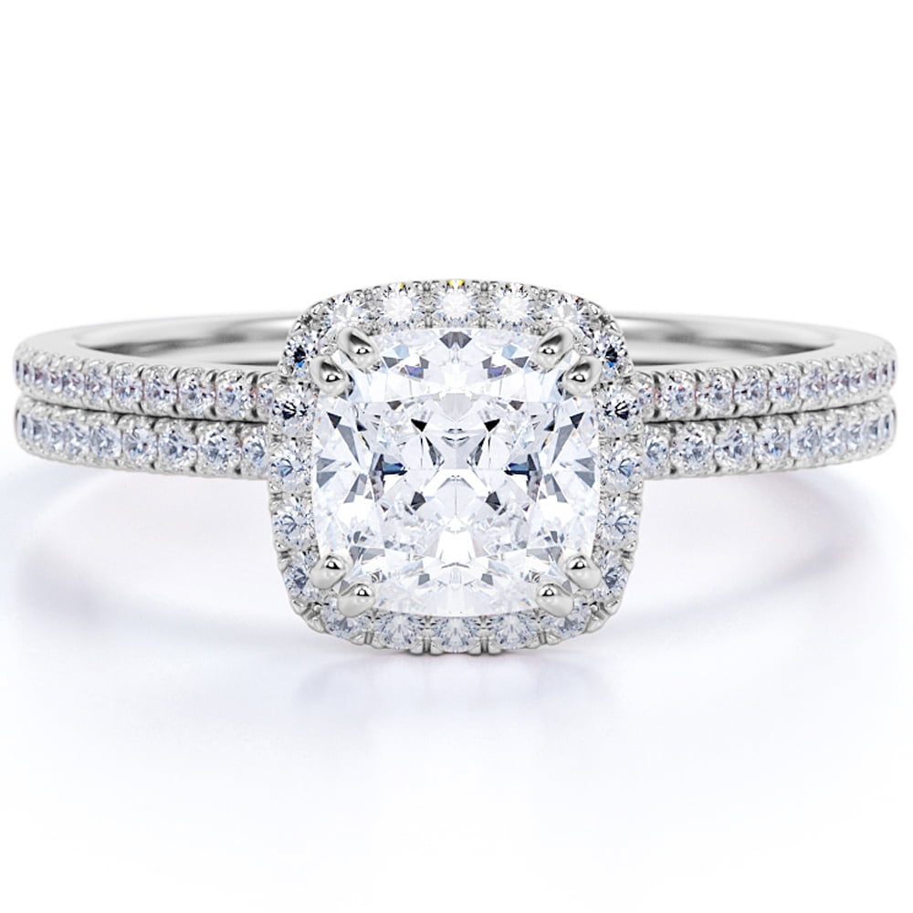 JeenMata 1.75 Carat Cushion Cut Moissanite Bridal Ring Set in 18k White Gold Over Silver
