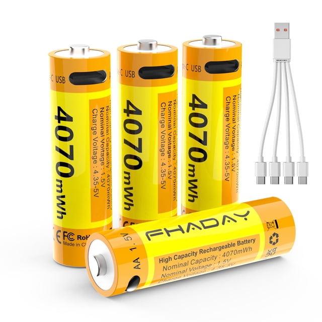 FHADAY Paquete de 4 Pilas AA Recargables 4070mWh 1.5V Baterias AA de Litio con para Mandos a Distancia, Ratón y Teclado Inalámbricos, Juguetes, Alta Capacidad, con Cable de Carga