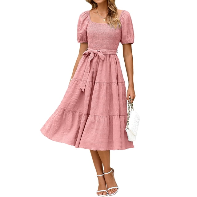 Vestido BerryGo Summer 2025, casual, midi fruncido, rosa para mujer