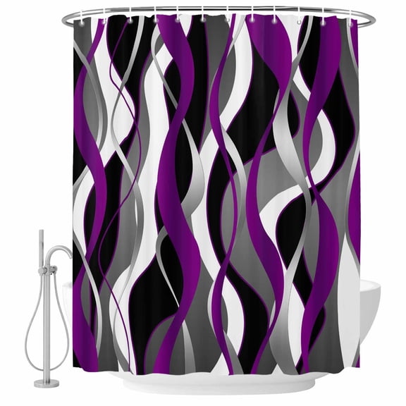 Shower Curtain Bathroom Set Abstract Purple Gray Black White Stripes Waterproof Fabric Shower Curtains with Grommets&Hooks, Modern Lines Privacy Bath Curtain for Bathtub 36x72in