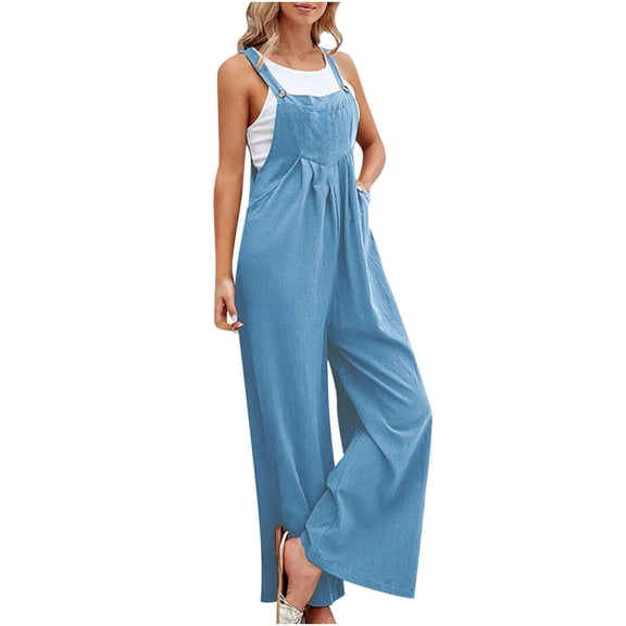 AKOEE Wide Leg Overalls for Women Loose Fit Linen Blend One Piece Sleeveless Long Pant Rompers with Pockets (XL, Light Blue)