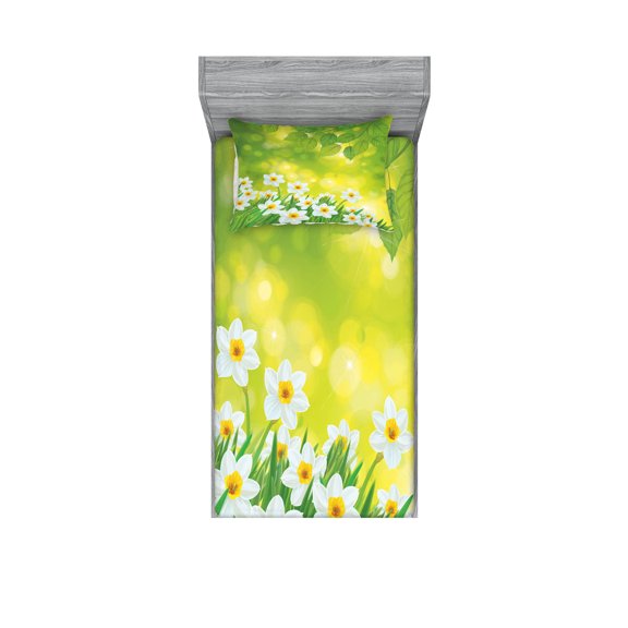 Ambesonne Floral Fitted Sheet & Pillow Sham Set, Daffodils Spring Petals, Twin, Green Yellow