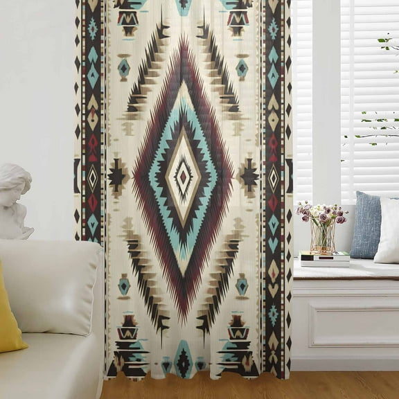 Boho Red Teal Brown Semi Sheer Curtains Drapes for Living Room, Bedroom, French Doors Window 96 Inches Long, Southwestern Abstract Geometric Rod Pocket Chiffon Curtain Drapery Voile Draperies Panel