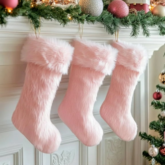 Plush Faux Fur Christmas Stocking with Hanging Loop Large Soft Decorative Holiday Stocking for Fireplace Mantel Family Gift Storage