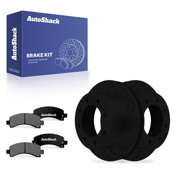 AutoShack Rear Brake Rotors & Premium Pads for Chevrolet, Express 1500 2003-2005, AWD RWD V6 4.3L - E-Coated Drilled & Slotted - Black Finish - NightGuard - 12.99" (330 mm), 8-Lug