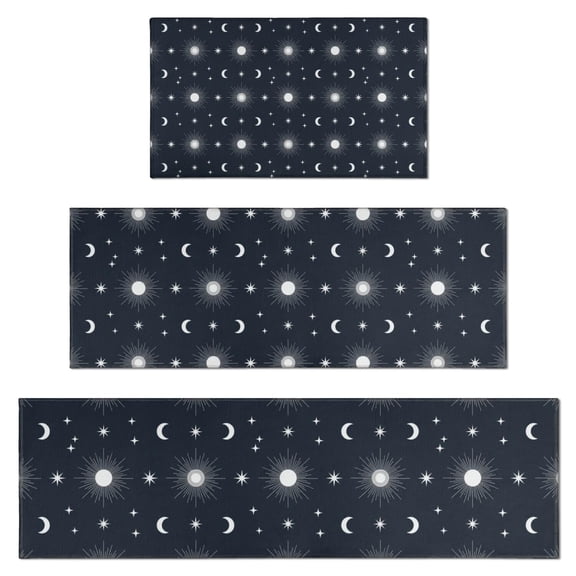 Dark Blue Sun Moon Star Pattern Kitchen Rugs Sets Of 3,Kitchen Runner Rugs Non Skid Washable,Decorative Kitchen Floor Mats for Kitchen,Sink,Laundry,17"x30" 17"x47" 17"x59"