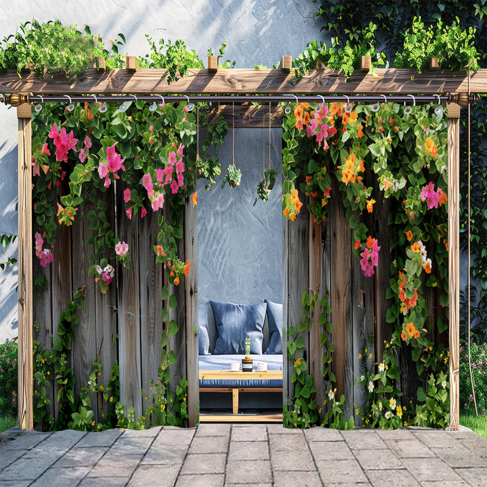 O-292 A Waterproof Outdoor Curtains Set 2Pcs With Wood Colorful Flowers Pattern For Patio #vqbGT