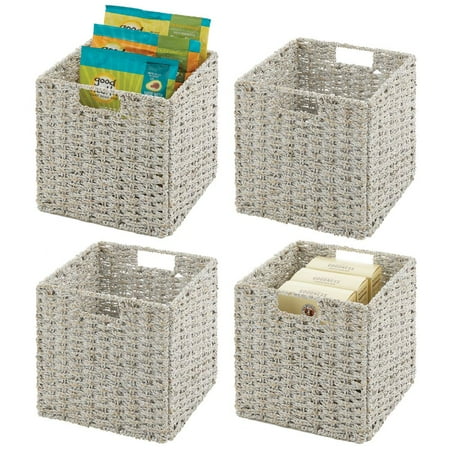 mDesign Seagrass Woven Cube Storage Bin Basket Organizer with Handles for Kitchen Pantry  Cabinet  Cupboard - Shelf and Cubby Organization  Holds Food  Drinks  Snacks  Appliances  4 Pack - White Wash
