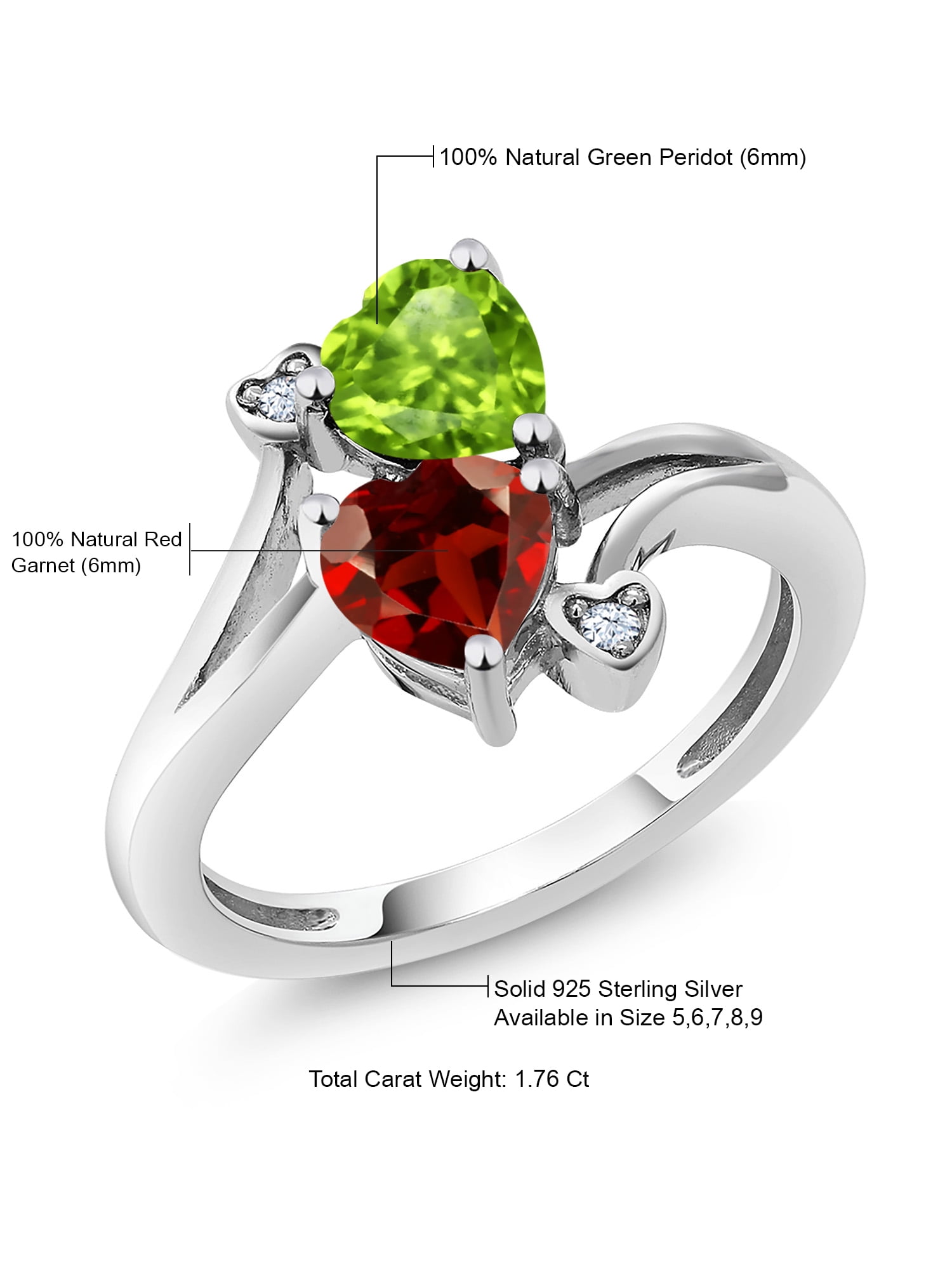 Gem Stone King 925 Sterling Silver Green Peridot Red Garnet Ring