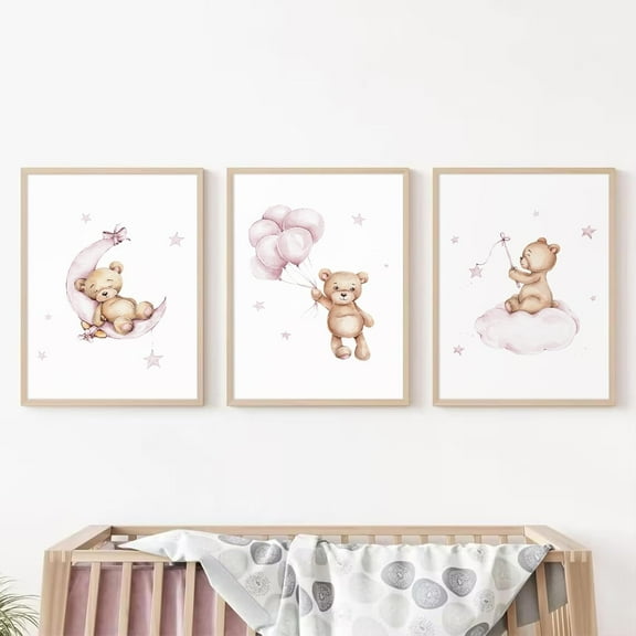 Bear Nursery Wall Art Decor Set of 3 Teddy Bear Canvas Wall Art Baby Boy Nursery Decor Prints Neutral Pictures Moon Star Cloud Print for Girls Children Room 16x24 Inch FRAMED