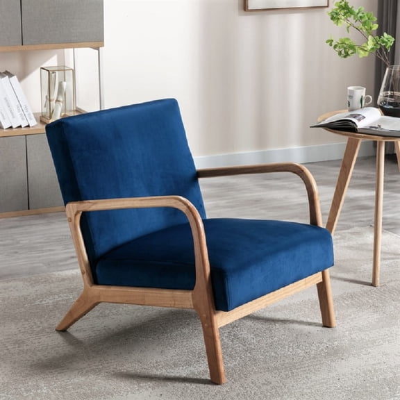 Knubmt Mid Century Modern Velvet Accent Chair with Wood Frame, Upholstered Fabric Armchair for Living Room, Bedroom, Office, Blue