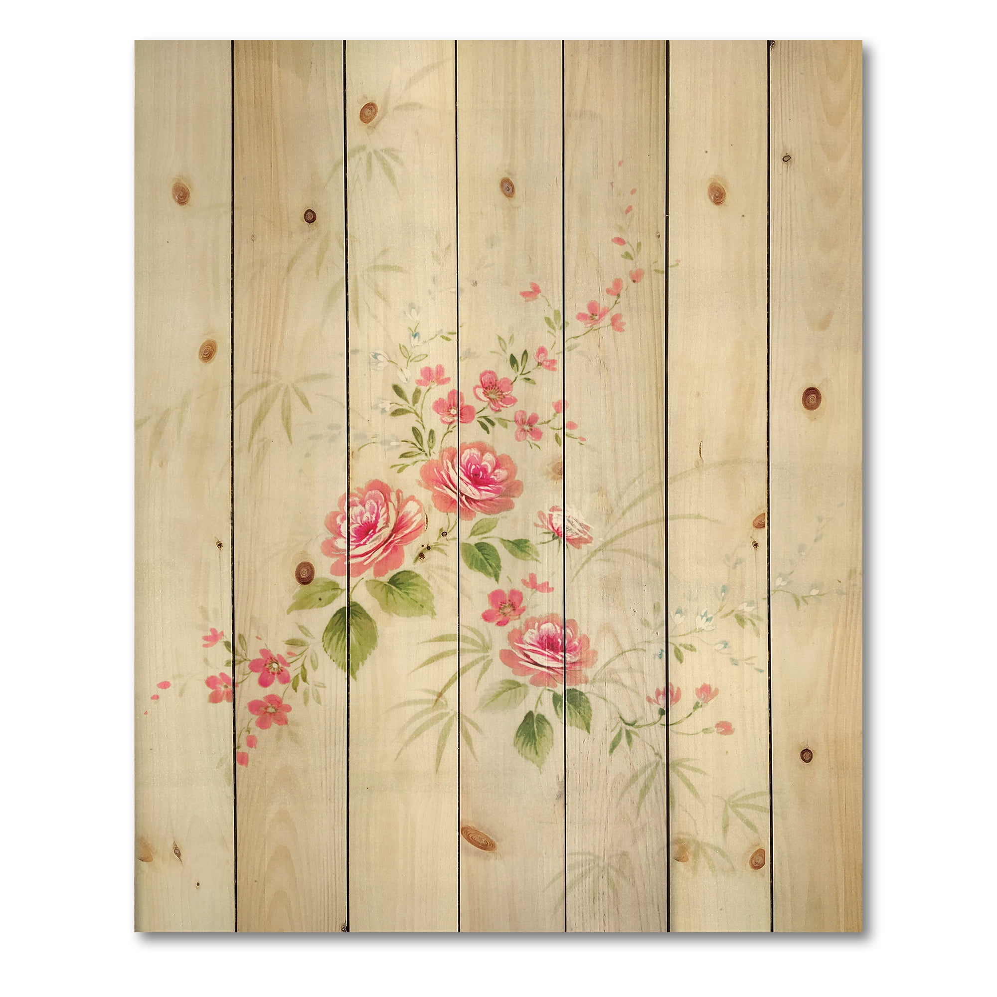 Designart 'Abstract Retro Drawing of Flowers II' Vintage Print on Natural Pine Wood