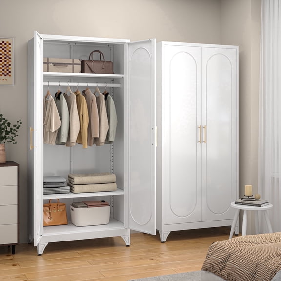 Polup 71" H Adult Metal Armoire Wardrobe Closet with Hanging Rod, Adjustable Shelves, White